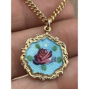 Vintage Sarah Coventry Necklace Gullioche Blue Enamel Flower Pendant 18" Signed